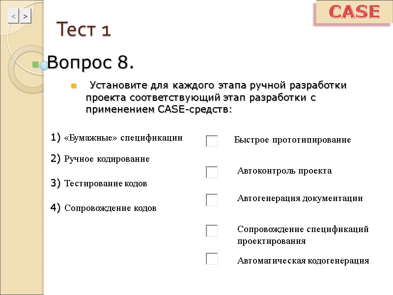 Тест 1 Вопрос 8.  Установите для каждого этапа ручной разработки проекта соответствующий этап